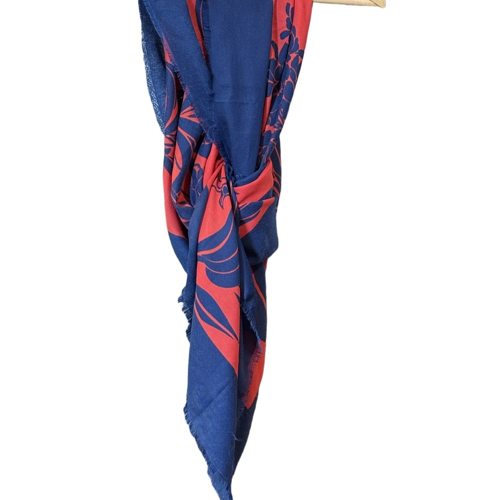 Navy And Red Floral Abstract Lightweight Frayed Edge Scarf